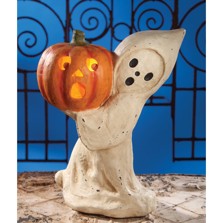 Ghost With Pumpkin Large Paper Mache lights & luminaries