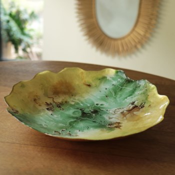 GLASS New Orleans Large Painted Centerpiece with Scalloped Edges (Green & Gold)