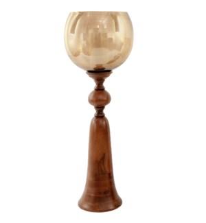 PURI CANDLE HOLDER- LARGE | Natural Brown Finish on Wood with Smoke Glass Globe