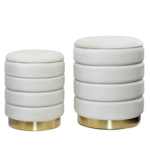 HOLLACE OTTOMAN BEIGE- SET OF 2 | Beige Velvet Storage Ottoman with Gold Finish on Metal Band