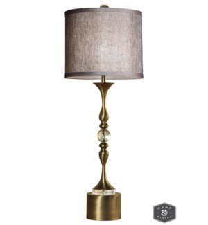 TANGA TABLE LAMP | Matte Antique Brass Finish on Metal Body with Crystal Ball and Disc | Hardback Sh