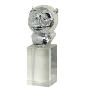 MONKEY BUST SCULPTURE | Chrome Finish on Resin Statue with Crystal Stand