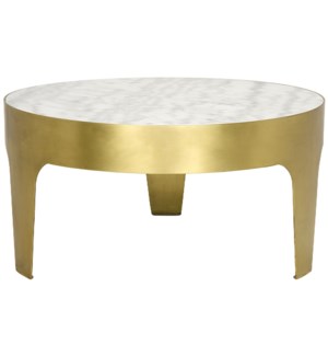 Cylinder Round Coffee Table, Antique Brass and White Marble Top