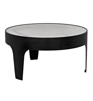 Cylinder Round Coffee Table, Black Steel with White Marble Top