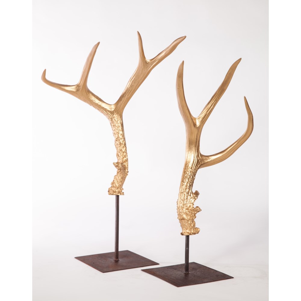 Large & Small Antler Sculptures on Stand in Gold