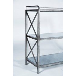 3 Tier X Pattern Console in Antique Silver with Glass Shelves in Gray Matters Finish