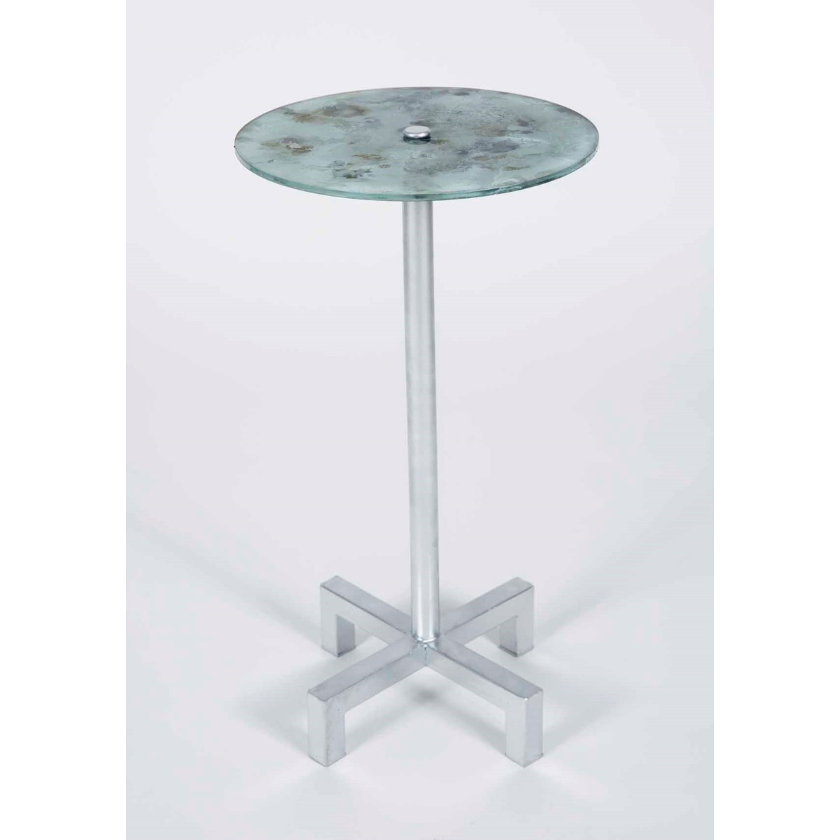 Cameron Accent Table in Silver with Glass Shelf in Cathedral Stone Finish