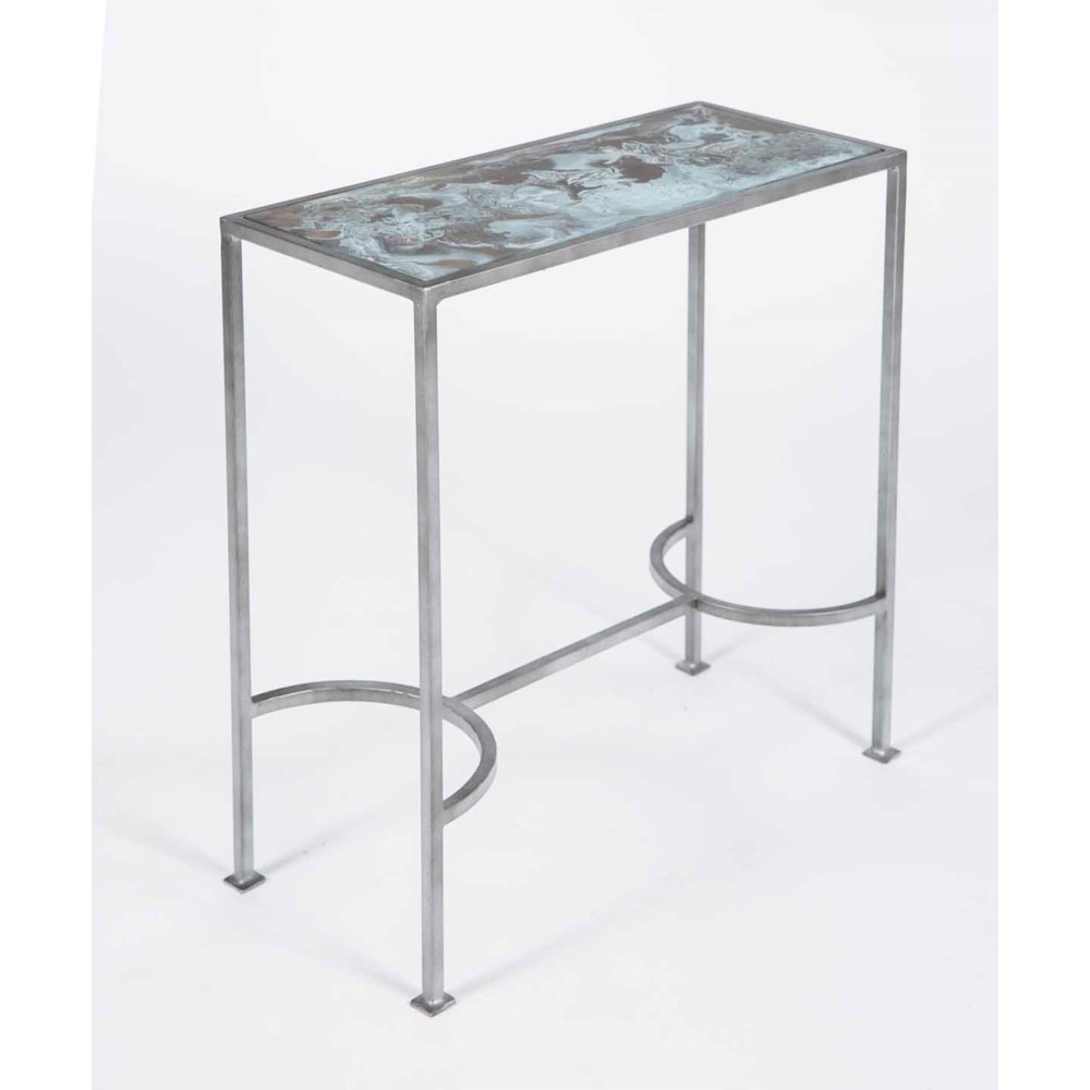 Elena Accent Table in Antique Silver with Glass Top in Lava Gray Finish