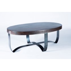 Round Strap Coffee Table with Dark Brown Hammered Copper Top