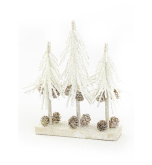 10" White Glittered Trees w/Pinecones, on Base