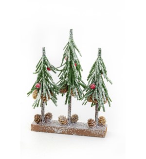 10" Green Glittered Trees w/Red Berries, on Base